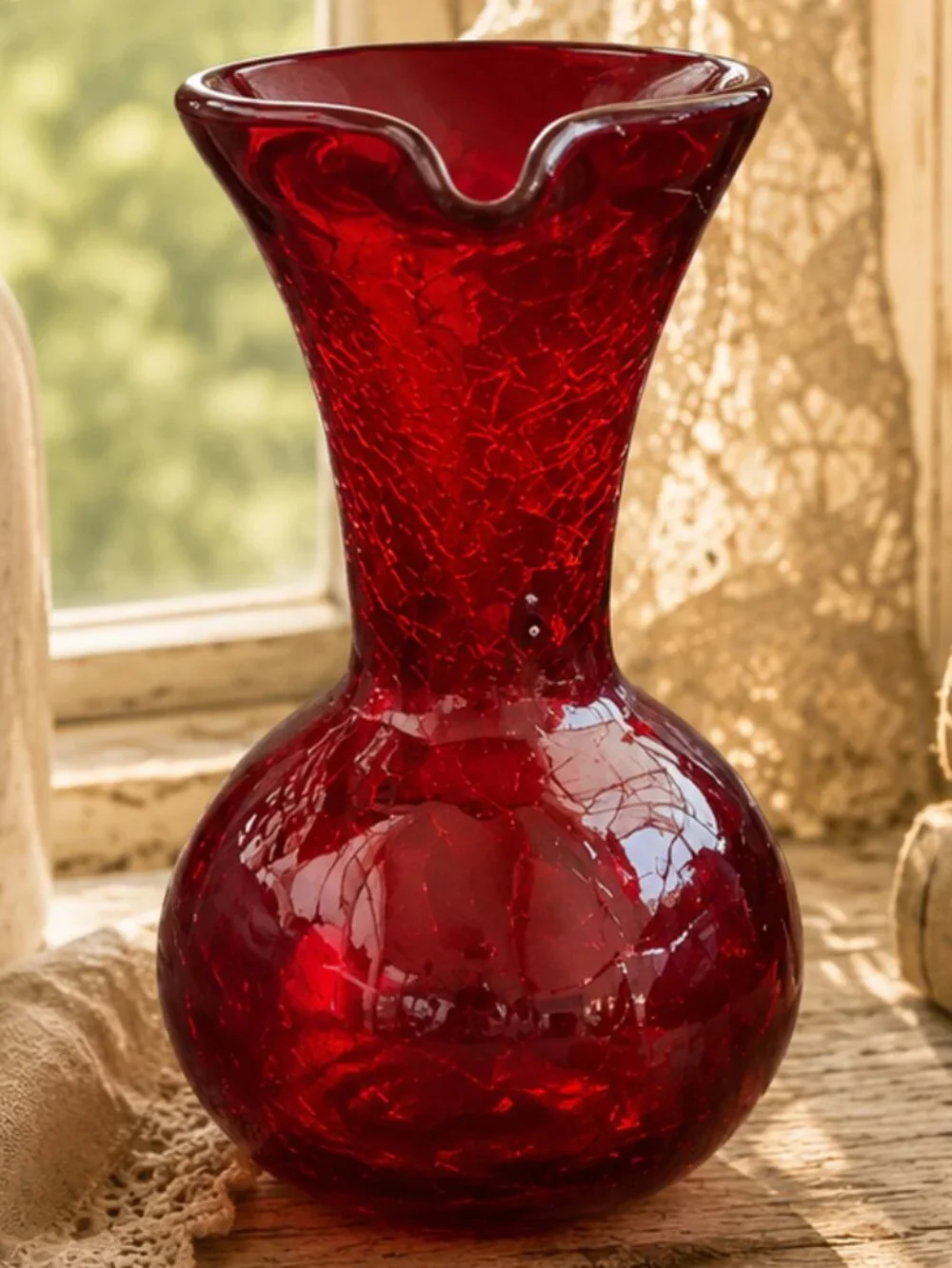 Vintage Mid-Century American Hand-Blown Ruby Red Crackle Glass Pitcher Bud Vase